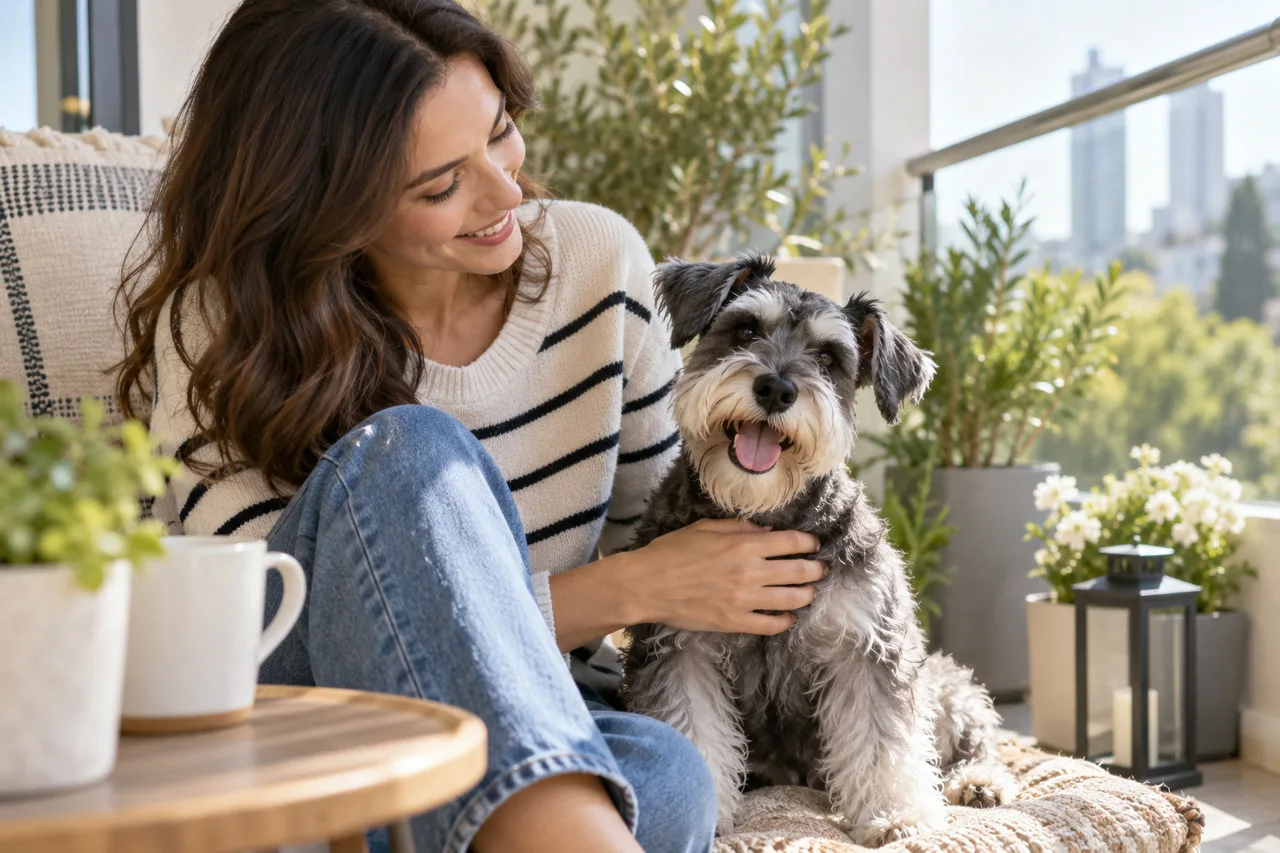 Gray bearded dog sitting beside its owner